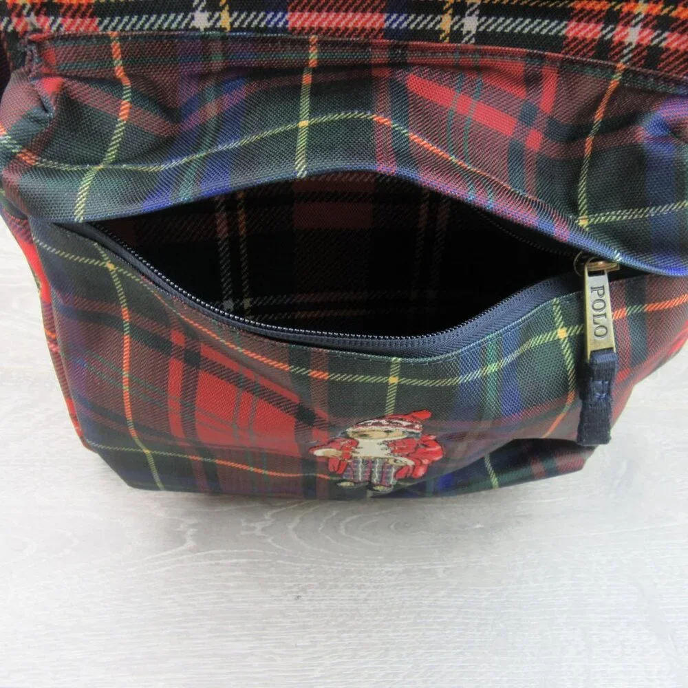 Polo Ralph Lauren Polo Bear Red Navy Plaid Check Backpack School Travel - Picture 11 of 16